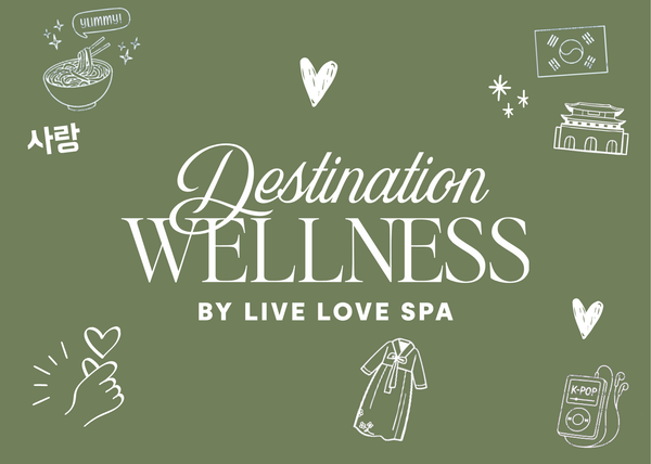 2026 Destination Wellness Box branding image with stylized icons of Korean culture and wellness by Live Love Spa on an olive green background.