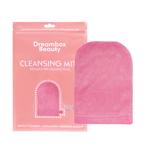 Cleansing Mitt [Double Cleansing Tool] | Dreambox Beauty in pink, shown next to its packaging, designed for gentle skincare exfoliation and makeup removal.