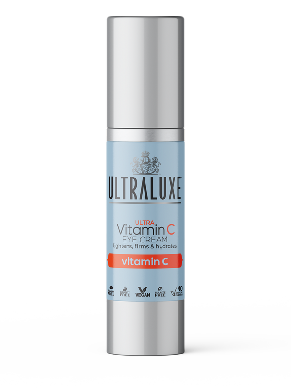 Ultra Vitamin C Eye Cream | Ultraluxe Skincare bottle featuring light blue and silver packaging, promoting lightening, firming, and hydrating benefits with vegan and cruelty-free formulas.