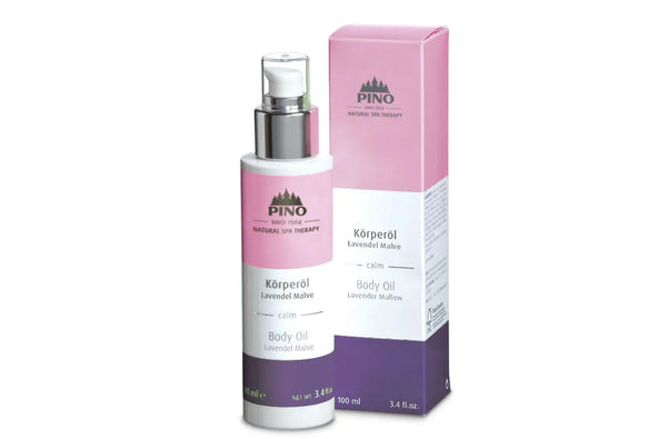 Bottle and packaging of Body Oil | Pino Spa Therapy featuring lavender malva for calming skincare and body care wellness.