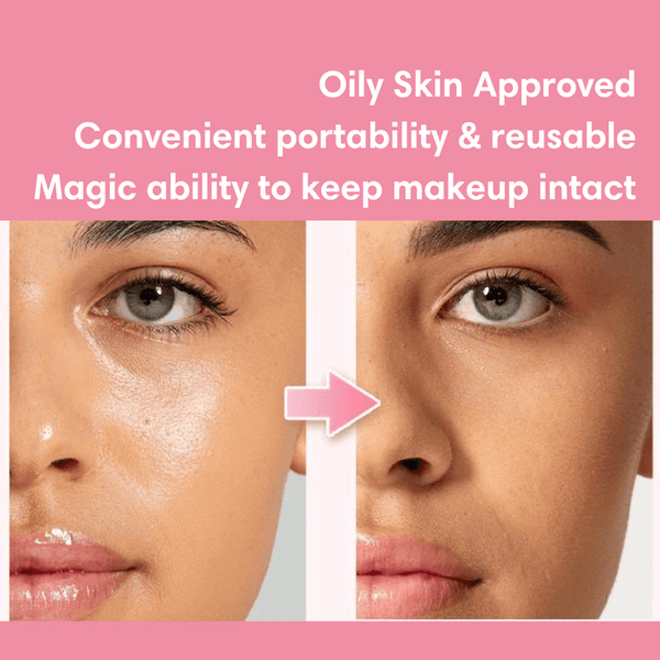 Before and after close-up comparison of a woman’s face showing reduced oil and shine on skin using Slick Oil Absorbing Volcanic Roller [Removes Oil & Shine] | Dreambox Beauty, highlighting skincare benefits for oily skin.