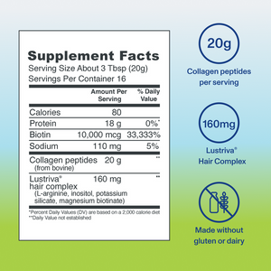 Supplement facts label showing nutritional information for Hair Complex - Unflavored | Vital Proteins, highlighting collagen peptides, Biotin, and Lustriva Hair Complex with gluten and dairy-free icons.