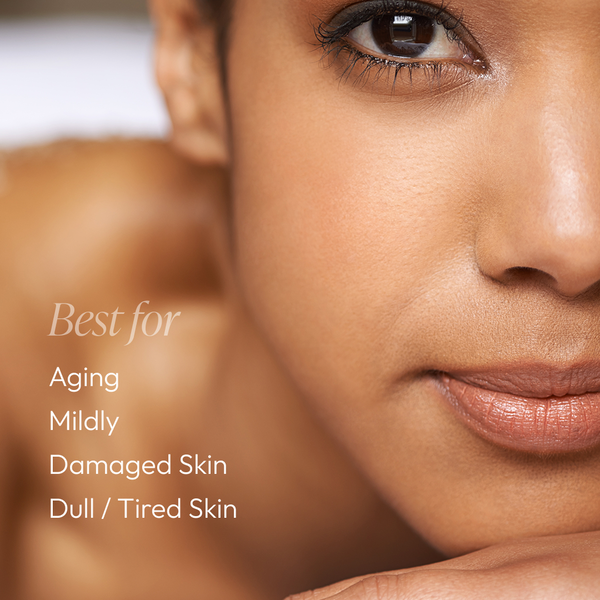 Close-up view of a woman's face with smooth, radiant skin highlighting the benefits of Nighttime Repair Retinol Cream | Circadia for aging, mildly damaged, and dull or tired skin.
