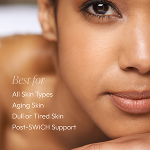 Close-up of a woman's face with smooth skin next to text listing benefits of Revita-Cyte Complex | Circadia for all skin types, aging, dull or tired skin, and post-SWiCH support.