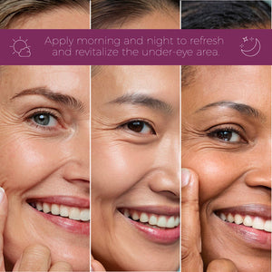Close-up collage of diverse smiling women gently touching their under-eye area, illustrating morning and night skincare routine to refresh and revitalize skin with Eye Repair Peptide Complex | blinc.