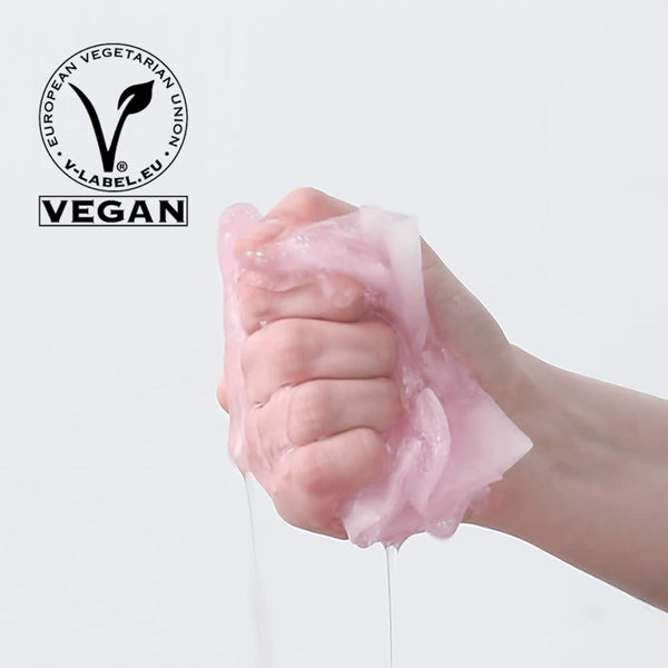 Hand squeezing a translucent pink gel, with water dripping, next to a vegan certification logo, promoting ImPHYTO Collagen | Leaders skincare wellness supplement.