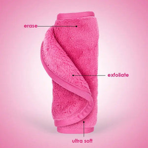Bright pink Cleansing Mitt [Double Cleansing Tool] | Dreambox Beauty shown rolled with labeled features: erase, exfoliate, and ultra soft, designed for skincare routines.