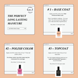 Step-by-step guide for a long-lasting manicure using Light Activated Gel Topcoat 7 Free Vegan Nail Polish | Lauren B. Beauty with base coat, polish color, and topcoat application details.