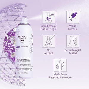 Spray bottle of Vital Defense Mist | Yon-Ka Paris surrounded by icons highlighting 99% natural origin ingredients, vegan formula, no alcohol, dermatologist tested, and made from recycled aluminum.