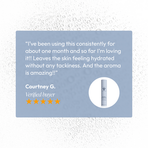 Customer review praising Licorice & Bearberry Brightening Mist | Circadia for hydrating skin without tackiness and having an amazing aroma, with a five-star rating.