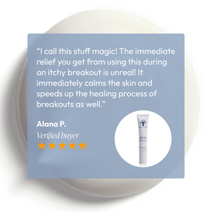 Customer testimonial praising the immediate relief and skin-calming benefits of Spot Stop Blemish Corrector | Circadia, shown with a five-star rating and product image.