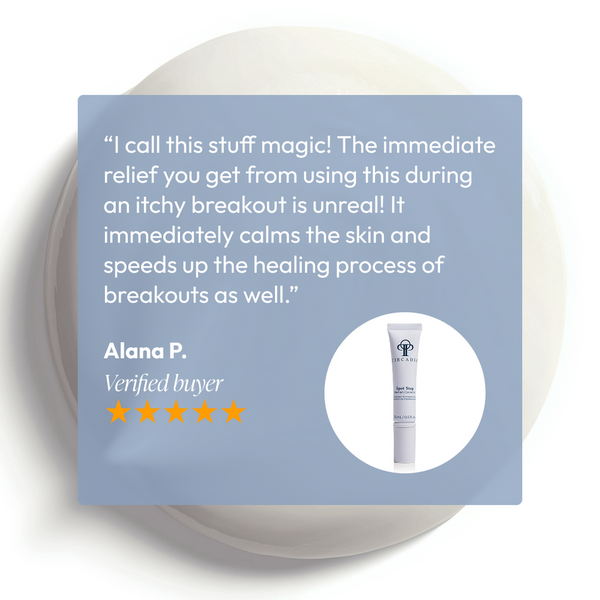 Customer testimonial praising the immediate relief and skin-calming benefits of Spot Stop Blemish Corrector | Circadia, shown with a five-star rating and product image.