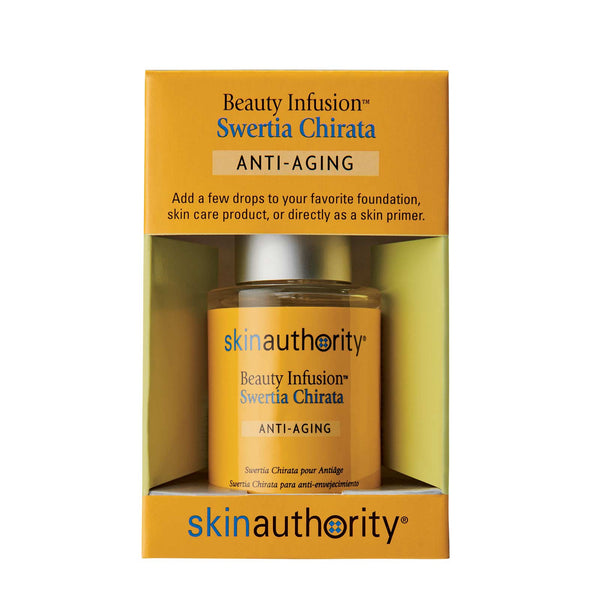 Glass bottle of Beauty Infusion Swertia Chirata for Anti-Aging | Skin Authority with yellow packaging for skincare and anti-aging use, promoting skin wellness and hydration.