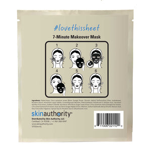 Back of a beige packet showing application instructions for the 7-Minute Makeover Mask | Skin Authority with step-by-step illustrated skincare directions and a barcode.