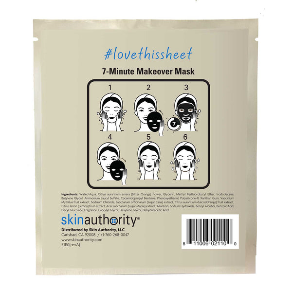 Back of a beige packet showing application instructions for the 7-Minute Makeover Mask | Skin Authority with step-by-step illustrated skincare directions and a barcode.