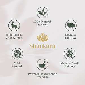 Shankara logo surrounded by icons highlighting features such as toxic-free and cruelty-free, 100% natural and pure, made in the USA, cold pressed, powered by authentic Ayurveda, and made in small batches for Gheesutra Face Emulsion | Shankara skincare.