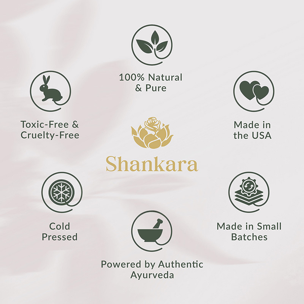 Shankara logo surrounded by icons highlighting features such as toxic-free and cruelty-free, 100% natural and pure, made in the USA, cold pressed, powered by authentic Ayurveda, and made in small batches for Gheesutra Face Emulsion | Shankara skincare.