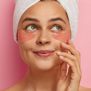 Woman with towel wrapped around head wearing Hydrating Reusable Under Eye Patches | Dreambox Beauty on skin under eyes, gently touching patch, against pink background in skincare routine.