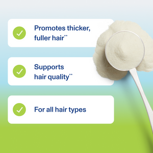 Spoon with powder above text highlighting benefits of Hair Complex - Unflavored | Vital Proteins including promoting thicker fuller hair, supporting hair quality, and suitability for all hair types.