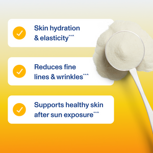 Scoop of Skin Complex - Unflavored | Vital Proteins powder alongside text highlighting benefits for skin hydration and elasticity, reducing fine lines and wrinkles, and supporting healthy skin after sun exposure.