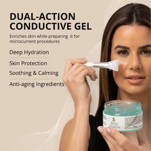 Woman holding a jar of ReStore Conductive Gel with Bio-Active Complex | 7e Wellness and applying the clear gel with a brush, highlighting its benefits for deep hydration, skin protection, soothing, calming, and anti-aging.