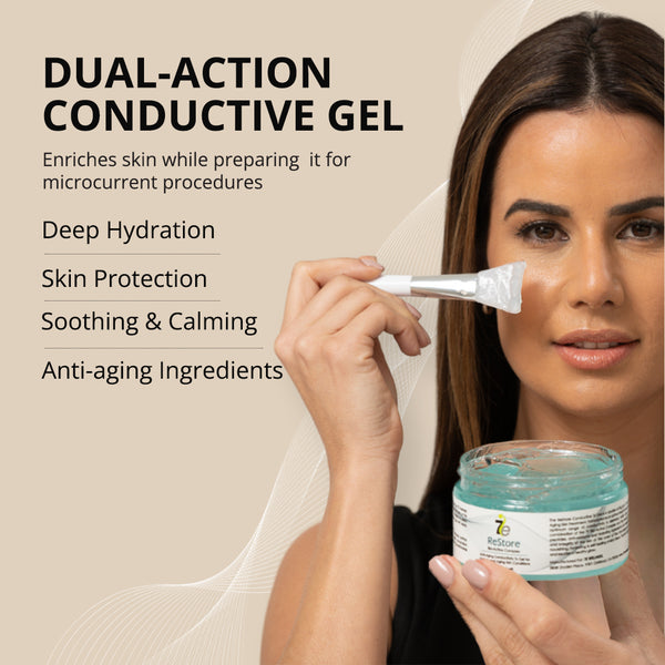 Woman holding a jar of ReStore Conductive Gel with Bio-Active Complex | 7e Wellness and applying the clear gel with a brush, highlighting its benefits for deep hydration, skin protection, soothing, calming, and anti-aging.