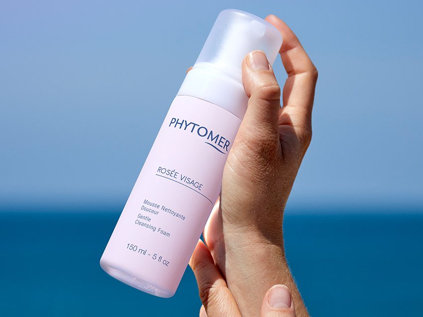 Rosée Visage Gentle Cleansing Foam | Phytomer in a sleek white and pastel pink bottle designed for gentle skincare cleansing and refreshing the face.