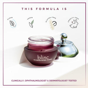 Open jar of Eye Repair Peptide Complex | blinc with silver lid beside it, highlighting clean, vegan, gluten-free, and cruelty-free formula, clinically tested for skincare.