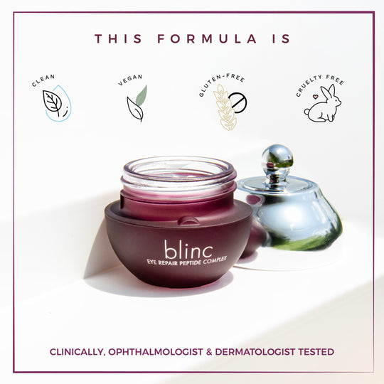 Open jar of Eye Repair Peptide Complex | blinc with silver lid beside it, highlighting clean, vegan, gluten-free, and cruelty-free formula, clinically tested for skincare.