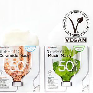 Close-up of skincare mask packaging featuring ImPHYTO Mucin | Leaders with a 50% natural plant extract formula and a European Vegetarian Union vegan certification logo.