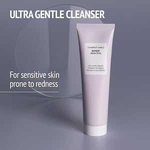 Remedy Cream to Oil | [ comfort zone ] displayed with text highlighting it as an ultra gentle cleanser for sensitive skin prone to redness in a soft lavender tube.