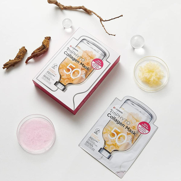 Two packets of ImPHYTO Collagen | Leaders collagen mask with natural ingredients and skincare elements displayed on a white surface for wellness and body care.