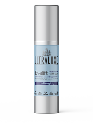 Bottle of MicroVenom Eyelift Complex | Ultraluxe Skincare featuring a blue label with silver cap, highlighting anti-aging benefits with synthetic snake venom and apple stem cell for smooth, hydrated, and firm skin.