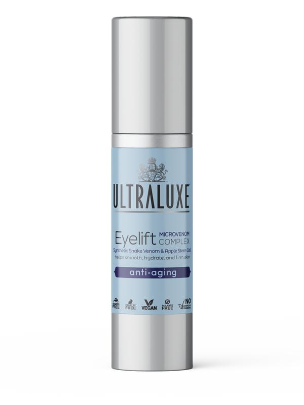 Bottle of MicroVenom Eyelift Complex | Ultraluxe Skincare featuring a blue label with silver cap, highlighting anti-aging benefits with synthetic snake venom and apple stem cell for smooth, hydrated, and firm skin.