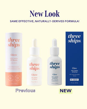 Comparison of previous and new packaging for Glow 49% Jojoba Oil Serum | Three Ships, highlighting the updated design with natural and hydrating skincare focus.