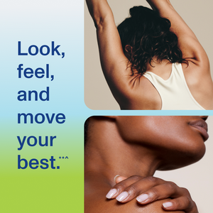 Image featuring a woman stretching with her back turned and another woman touching her neck, alongside text that reads "Look, feel, and move your best" promoting Hair Complex - Unflavored | Vital Proteins.