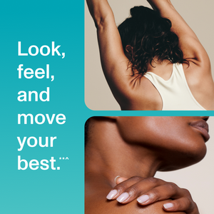 Image split showing a woman stretching with raised arms and a close-up of a woman touching her shoulder, paired with text promoting wellness, featuring Marine Collagen - Unflavored | Vital Proteins.
