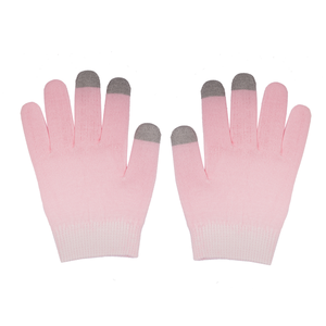 Pair of pink Hydrating Infused Moisturizing Gloves | Dreambox Beauty with gray fingertips designed for skincare and body care.