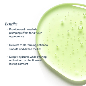 Close-up of a translucent gel texture with visible air bubbles illustrating hydration benefits, accompanied by text describing how Lip Renewing Hydrator - Vanilla Mint | Circadia plumps, firms, and deeply hydrates lips with antioxidant protection.