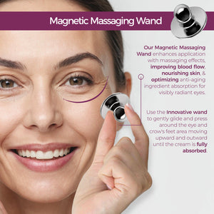 Close-up of a smiling woman using a magnetic massaging wand around her eye, demonstrating application of Eye Repair Peptide Complex | blinc for improved blood flow, skin nourishment, and anti-aging benefits.