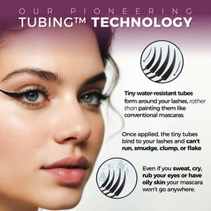 Close-up of a woman's face highlighting long eyelashes with a graphic showing tiny water-resistant tubes wrapping lashes, illustrating the Amplified Tubing Mascara | Blinc’s smudge-proof, clump-free formula that resists sweat, tears, and oil.