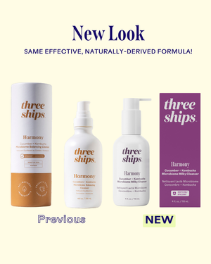 Comparison of previous and new packaging designs for Harmony Cucumber + Kombucha Microbiome Milky Balancing Cleanser | Three Ships, highlighting the updated natural skincare product look.