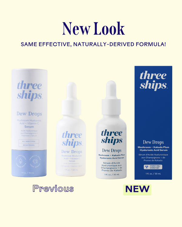Comparison of previous and new packaging designs for Dew Drops Mushroom + Kakadu Plum Hyaluronic Acid Serum | Three Ships, highlighting a naturally-derived skincare formula.