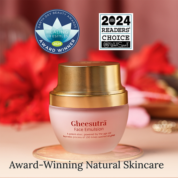 Gheesutra Face Emulsion | Shankara in a frosted glass jar with a gold lid, showcased as an award-winning natural skincare product with beauty and wellness recognition badges.