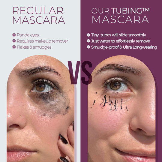 Comparison image showing the effects of regular mascara causing smudging and panda eyes versus Amplified Tubing Mascara | Blinc with tiny tubes that slide smoothly, are smudge-proof, ultra longwearing, and easily removed with water.