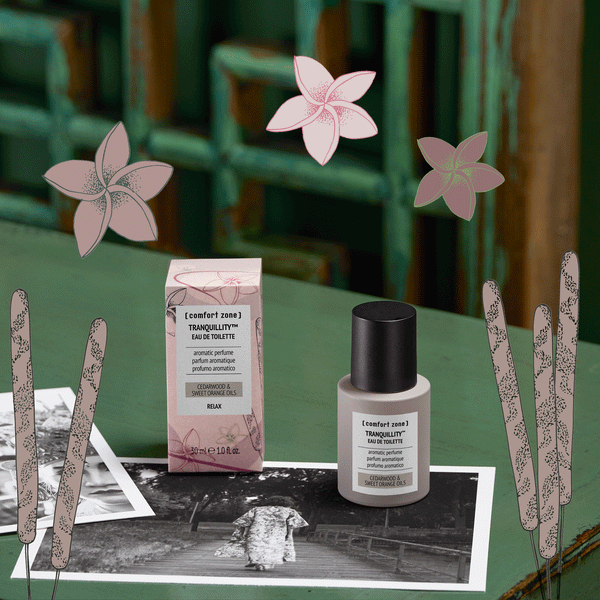 Eau De Toilette | [ comfort zone ] bottle and packaging with calming floral graphics, placed on a vintage black-and-white photograph, evoking a serene and relaxing atmosphere.