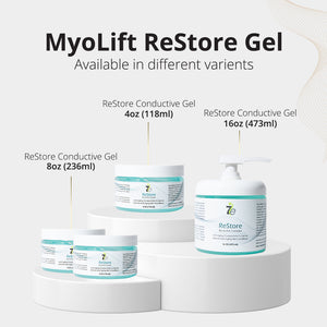 ReStore Conductive Gel with Bio-Active Complex | 7e Wellness displayed in three sizes—4oz, 8oz, and 16oz—arranged on white podiums for skincare and wellness use.