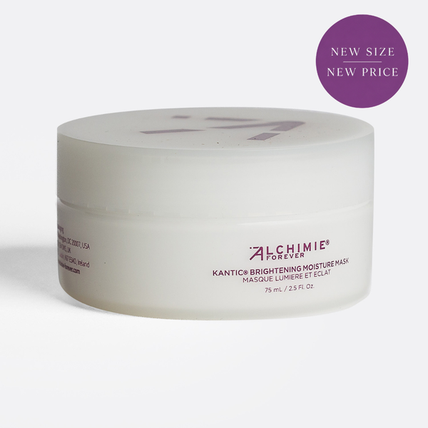 White jar container of Kantic® Brightening Moisture Mask | Alchimie Forever with a subtle shadow and a purple circle label stating "New Size New Price" on a white background.