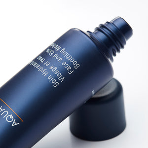 Close-up of a blue tube of Aqua Optimal Face and Eyes Soothing Moisturizer | Phytomer, a skincare product designed to hydrate and soothe delicate facial and eye areas.