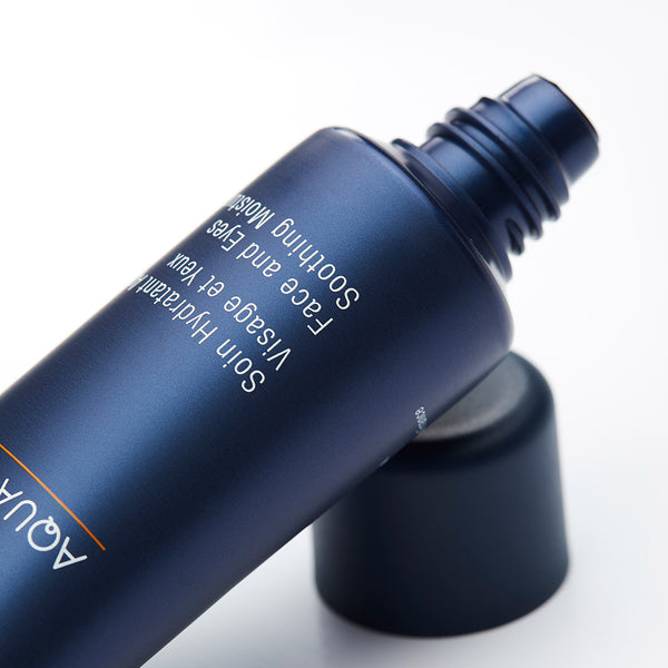 Close-up of a blue tube of Aqua Optimal Face and Eyes Soothing Moisturizer | Phytomer, a skincare product designed to hydrate and soothe delicate facial and eye areas.